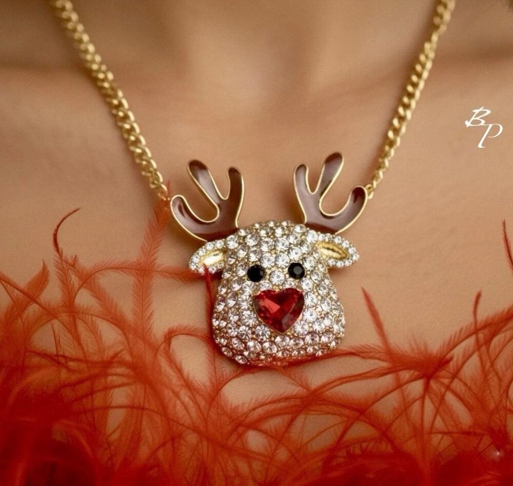 Betsey Johnson crystal pavé Reindeer Red Crystal Nose Christmas Necklace